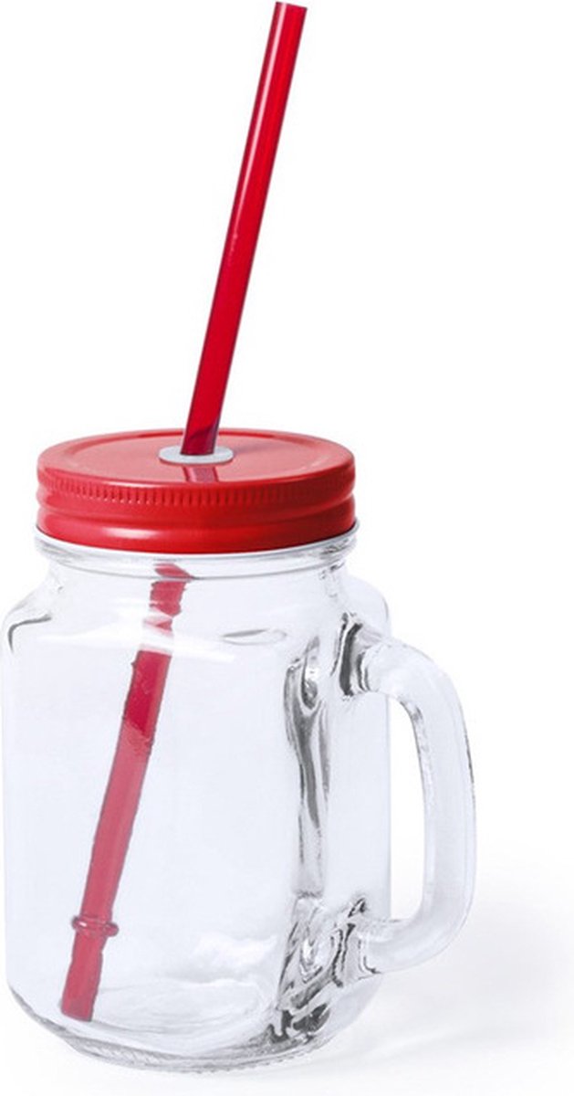 Goedkoopste Mason Jar drinkbekers - glas - dop rood met rietje - 500 ml - afsluitbaar - fruit shakes