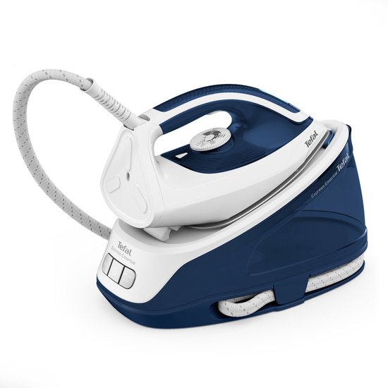 Tefal Express Essential stoomgenerator met een donkerblauwe basis en witte bovenkant.