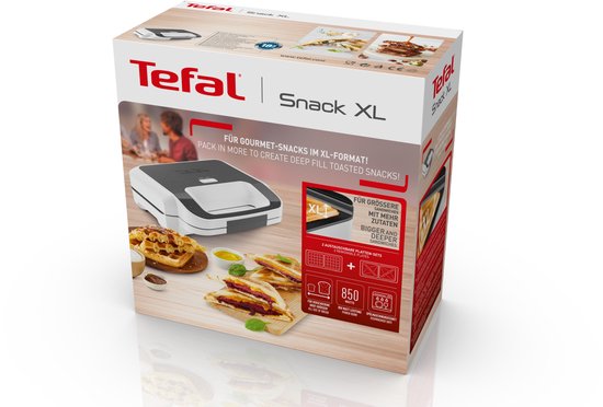 Tefal Snack XL verpakking toont de contactgrill, wafels en tosti's.