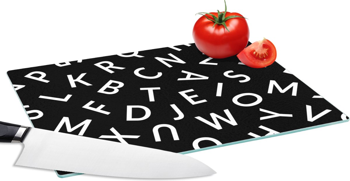 Glazen Snijplank - 28x20 - Letters - Patronen - Zwart - Wit - Snijplanken Glas