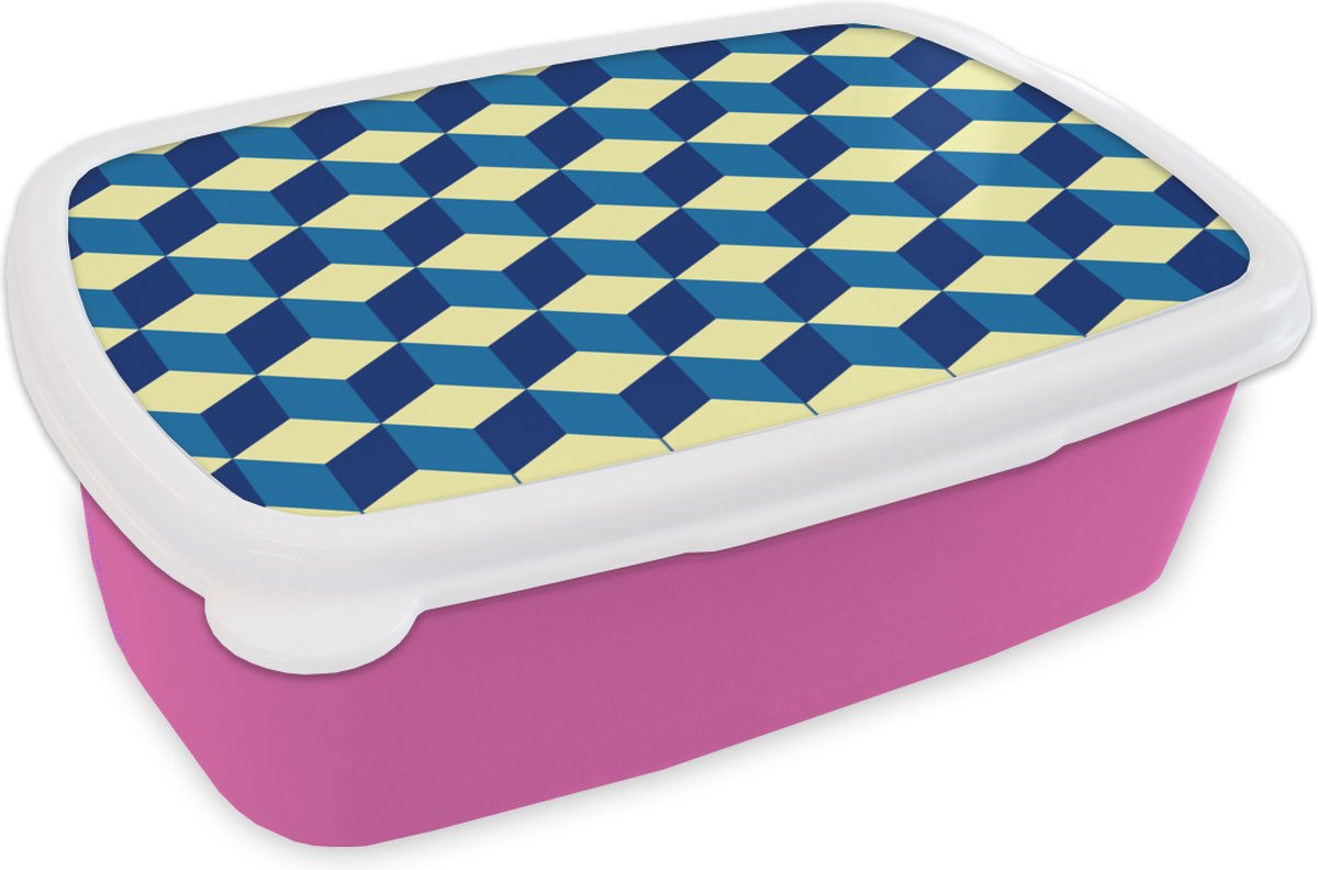 Broodtrommel Roze - Lunchbox - Brooddoos - Cube - Kubus - Patronen - 18x12x6 cm - Kinderen - Meisje