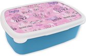 Broodtrommel Blauw - Lunchbox - Brooddoos - Meisjes - Tiener - Roze - Quotes - Patronen - 18x12x6 cm - Kinderen - Jongen