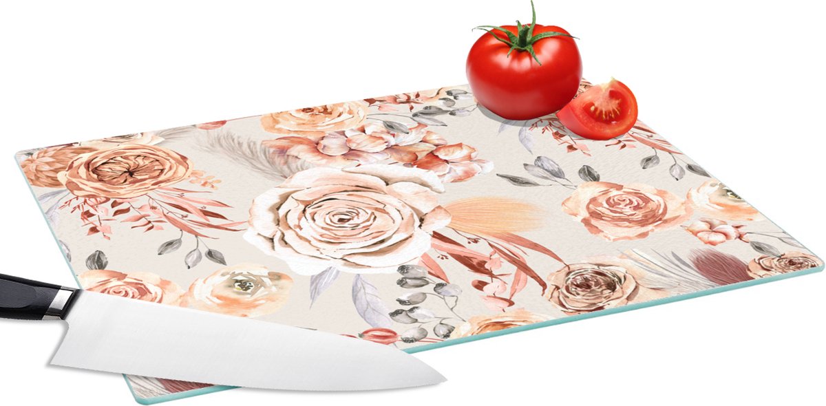 Glazen Snijplank - 39x28 - Rozen - Bloemen - Patroon - Snijplanken Glas