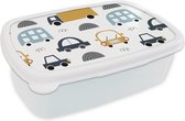 Broodtrommel Wit - Lunchbox - Brooddoos - Patroon - Jongens - Auto - Kind - 18x12x6 cm - Volwassenen
