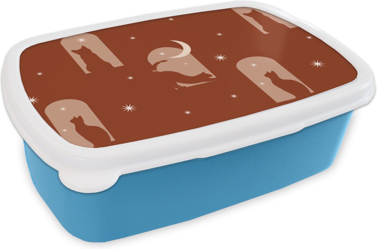 Broodtrommel Blauw - Lunchbox - Brooddoos - Sterren - Kat - Design - 18x12x6 cm - Kinderen - Jongen