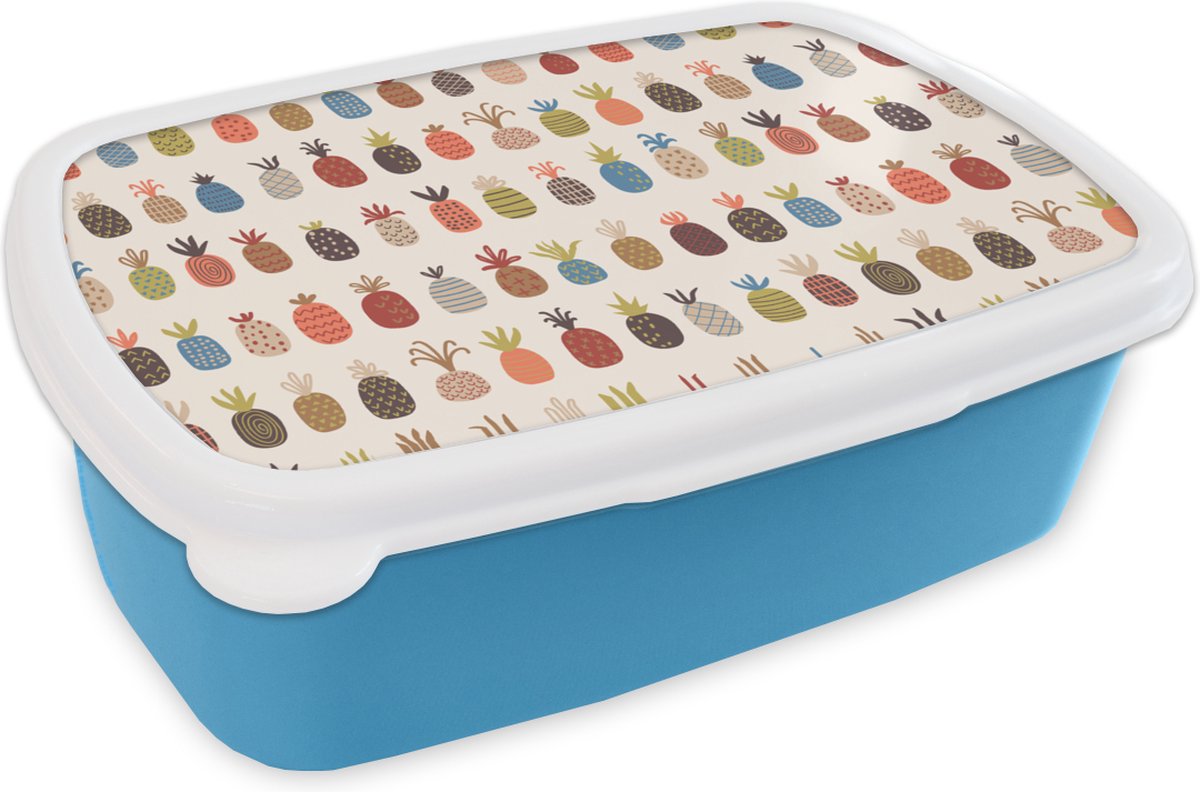 Broodtrommel Blauw - Lunchbox - Brooddoos - Ananas - Regenboog - Retro - Fruit - 18x12x6 cm - Kinderen - Jongen