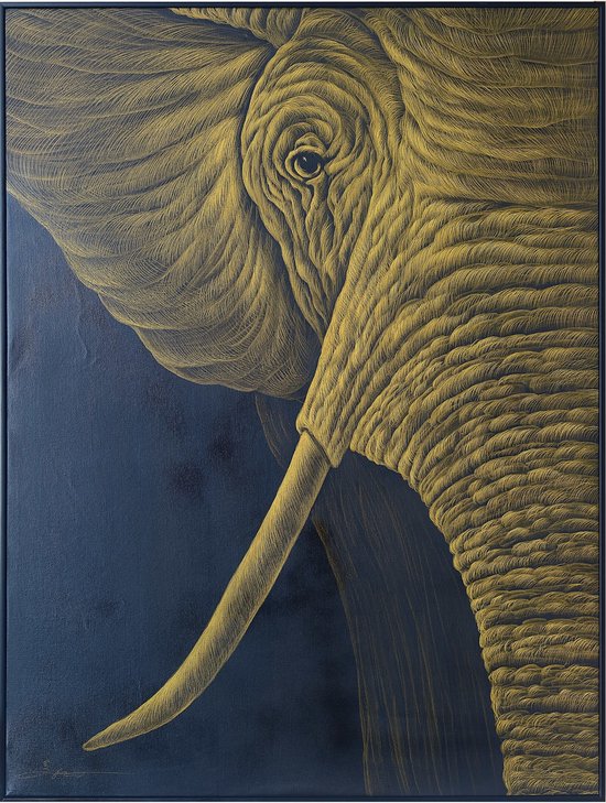 Fine Asianliving Olieverf Schilderij 100% Handgegraveerd 3D met Reliëf Effect en Zwarte Omlijsting 90x120cm Olifant Rechts