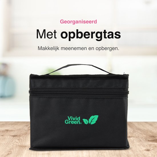 Zwarte, georganiseerde opbergtas met Vivid Green logo, voor 80 markers.