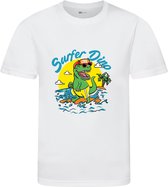Surfer Dino T-shirt - T-shirt kinderen - Maat 134/146 - 9 - 11 jaar - T-shirt wit korte mouw