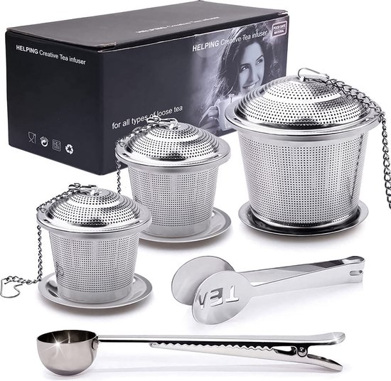TeaLux 5-Delig RVS Theefilters Set met Maatlepel en Lekbakjes en Knijper - Theezeef voor Losse Thee en Kruiden - Tea InfuserStrainer Giftset - Verse Thee filterZeef Cadeau Pakket - Kruidenbuiltje ei met Onderzetters - Geschenkset