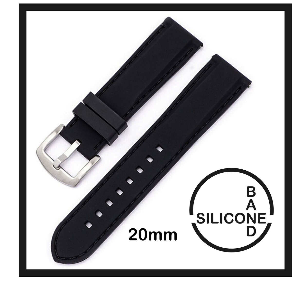 20mm Rubber Siliconen horlogeband zwart passend op o.a Casio Seiko Citizen en alle andere merken - 20 mm Bandje - Horlogebandje horlogeband