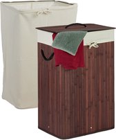 Relaxdays 1x wasmand bamboe - wasbox - met deksel - waszak - opvouwbaar - bruin