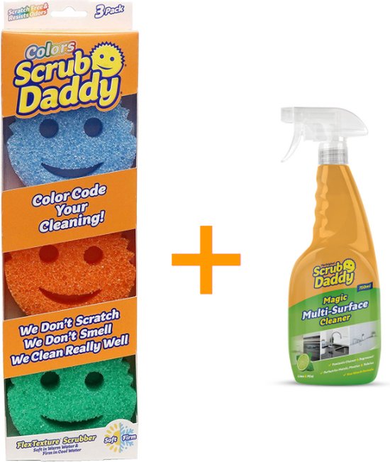 Scrub Daddy + Allesreiniger Spray 750mL - Spons 3 Kleuren - Schoonmaak spons - Schoonmaak middel