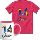 14 Jaar Vrolijke Verjaadag T-shirt met mok giftset Roze | Verjaardag cadeau pakket set | Grappig feest shirt Heren – Dames – Unisex kleding | Koffie en thee mok | Maat L