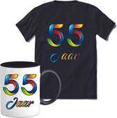 55 Jaar Vrolijke Verjaadag T-shirt met mok giftset Zwart | Verjaardag cadeau pakket set | Grappig feest shirt Heren – Dames – Unisex kleding | Koffie en thee mok | Maat M