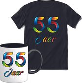 55 Jaar Vrolijke Verjaadag T-shirt met mok giftset Zwart | Verjaardag cadeau pakket set | Grappig feest shirt Heren – Dames – Unisex kleding | Koffie en thee mok | Maat 3XL
