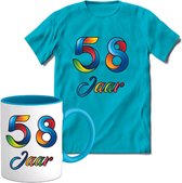 58 Jaar Vrolijke Verjaadag T-shirt met mok giftset Blauw | Verjaardag cadeau pakket set | Grappig feest shirt Heren – Dames – Unisex kleding | Koffie en thee mok | Maat XL