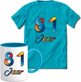 81 Jaar Vrolijke Verjaadag T-shirt met mok giftset Blauw | Verjaardag cadeau pakket set | Grappig feest shirt Heren – Dames – Unisex kleding | Koffie en thee mok | Maat XXL