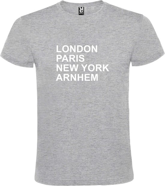 Grijs t-shirt met " London, Paris , New York, Arnhem " print Wit size XXXL