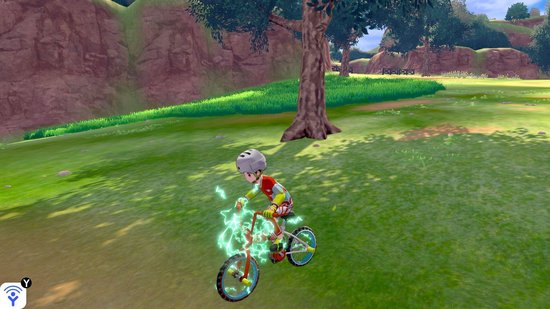 Een speler met een helm rijdt op een fiets die omringd is door groene elektrische vonken.