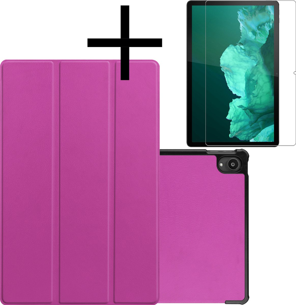 Hoes - Geschikt voor Lenovo Tab P11 - Met Screenprotector - Trifold Bookcase - Hard Cover - Hardcover Book Case - Tablet Hoesje - Paars