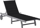 Luxiqo® Ligstoel met Kussen – Ligstoel Acacia Hout – Loungestoel – Tuinstoelen Inklapbaar – Tuinstoel – Ligstoel Verstelbaar – Zwart/Grijs