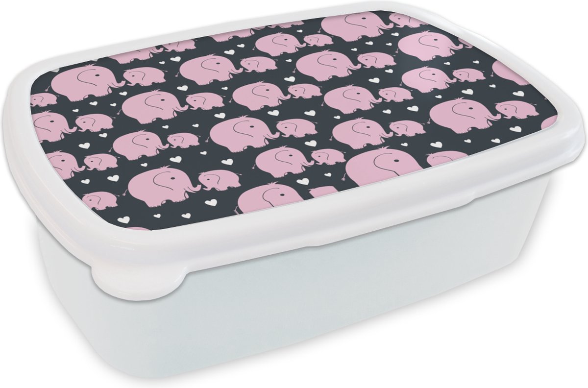 Broodtrommel Wit - Lunchbox - Brooddoos - Olifant - Hart - Patroon - 18x12x6 cm - Volwassenen