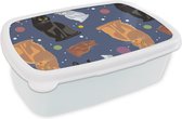 Broodtrommel Wit - Lunchbox - Brooddoos - Patronen - Kat - Ruimte - Jongens - Meisjes - Kinderen - Kids - 18x12x6 cm - Volwassenen