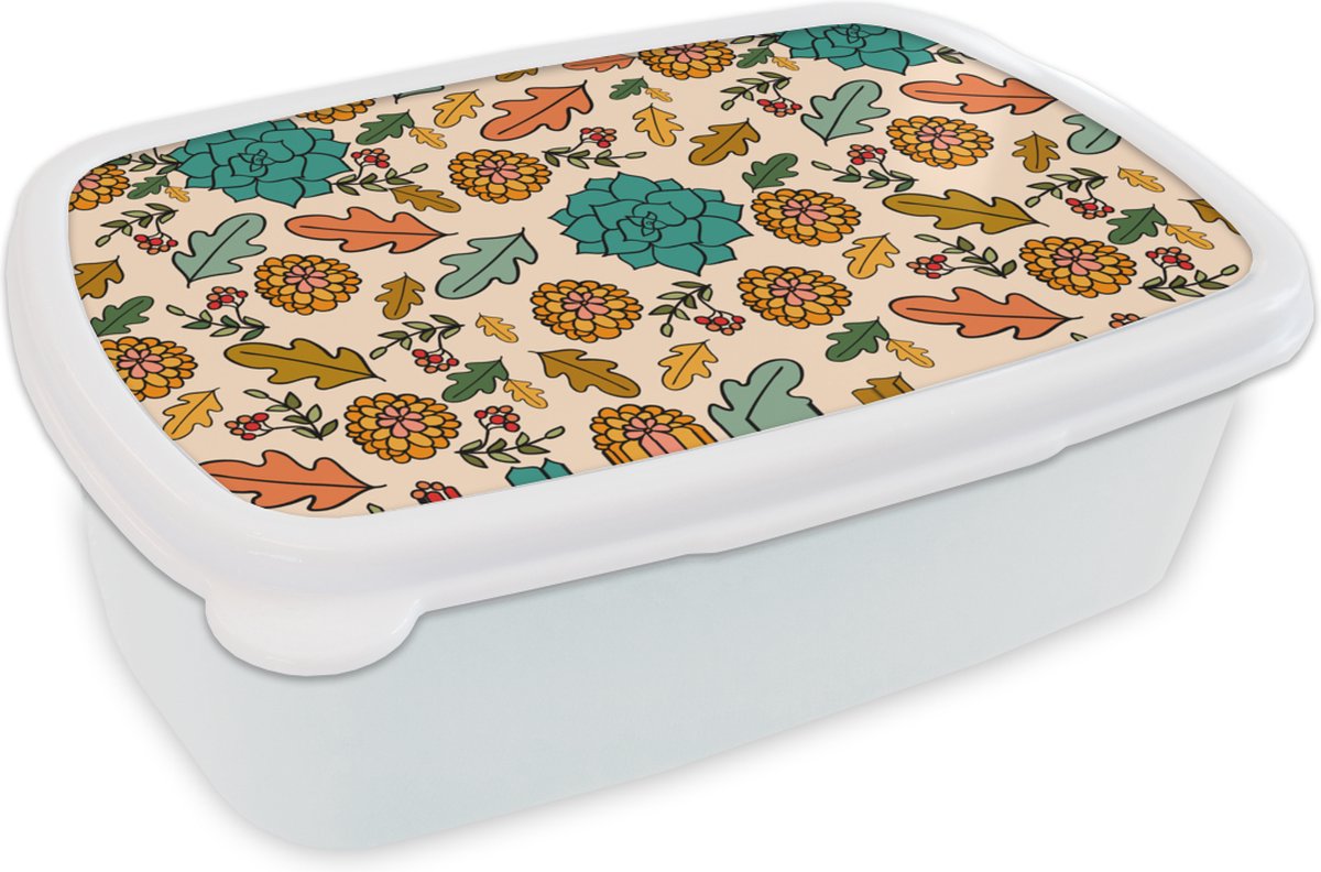 Broodtrommel Wit - Lunchbox - Brooddoos - Herfst - Bloemen - Patronen - 18x12x6 cm - Volwassenen