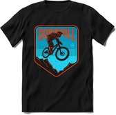 Downhill | TSK Studio Mountainbike kleding Sport T-Shirt | Blauw - Oranje | Heren / Dames | Perfect MTB Verjaardag Cadeau Shirt Maat 3XL