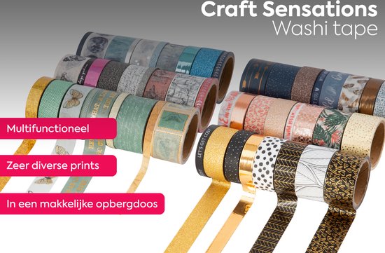Gouden, groene en blauwe washi tape rollen met prints van bladeren, stippen en pijlen.