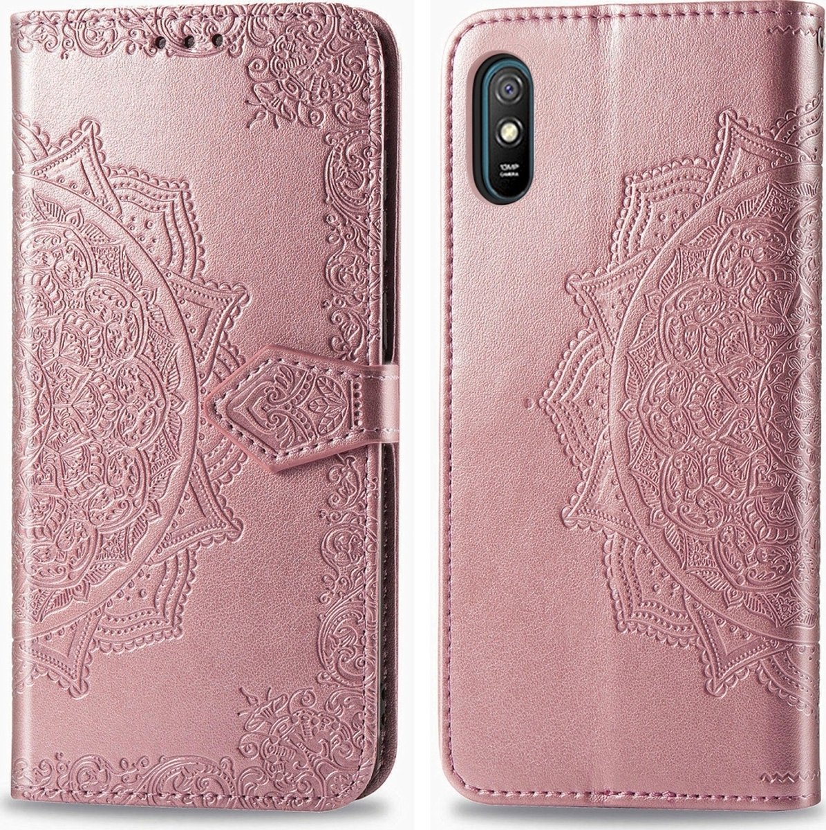Mobigear Telefoonhoesje geschikt voor Xiaomi Redmi 9A Hoesje | Mobigear Mandala Bookcase Portemonnee | Pasjeshouder voor 3 Pasjes | Telefoonhoesje voor Pinpas / OV Kaart / Rijbewijs - Roségoud