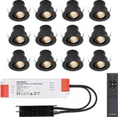 Set van 12 12V 3W - Mini LED Inbouwspot - Zwart - Dimbaar - Kantelbaar & verzonken - Verandaverlichting - IP44 voor buiten - 2700K - Warm wit