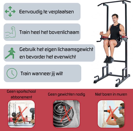 Man doet oefeningen op een zwart krachtstation met rode kussens. Infographics tonen voordelen.