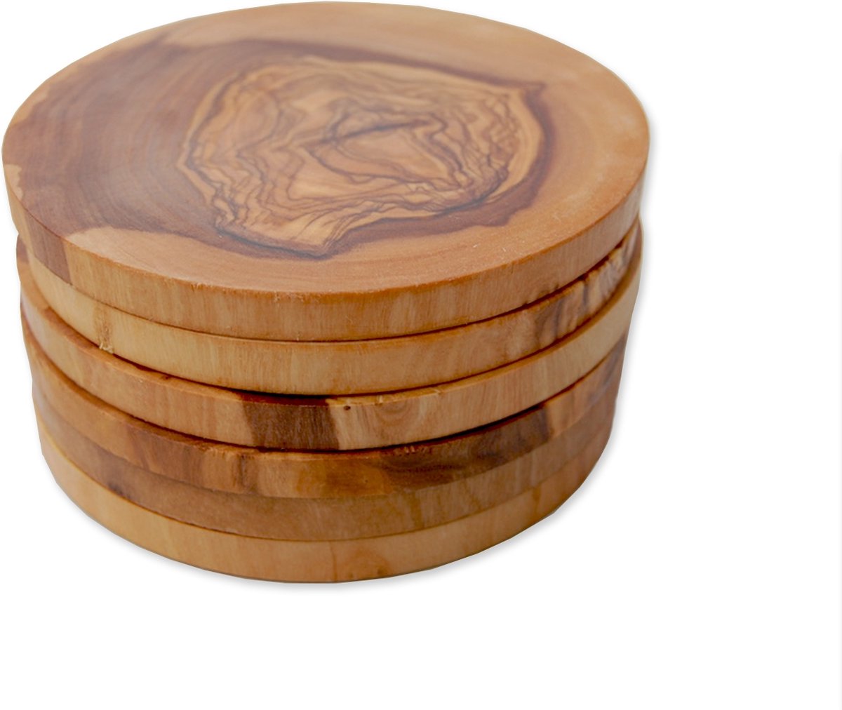 Rustiek onderzetter, voor glazen, bierdeksel, rond, van olijfhout, in 6-delige set, 9 cm, inclusief opbergdoos voor glazen, bekers, kopjes en vazen