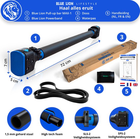 Blue Lion Max-2 Pull-up bar - Optrekstang - Thuis sporten - Met Resistance band & Workout E-book