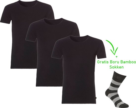 Bamboo T-Shirt - Ronde Hals - Super zacht - Antibacterieel - Perfect draagcomfort - 95% Bamboo - 3 stuks - 1 paar bamboo sokken cadeau - Zwart - XXXL