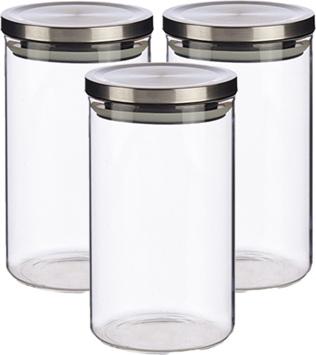 Set van 3x stuks glazen luxe keuken voorraadpotten/voorraadbussen 1000 ml - Voorraadbussen luchtdichte deksel zilver - 10 x 18 cm