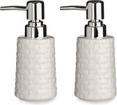 Set de 2x distributeur de savon/distributeur céramique blanc/argent 150 ml et 8,5 x 6,5 x 14,5 cm - Articles de salle de bain et de cuisine
