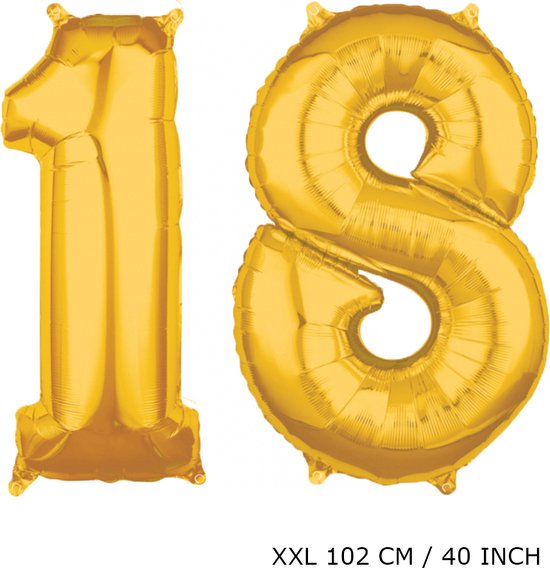 Mega grote XXL gouden folie ballon cijfer 18 jaar.  leeftijd verjaardag 18 jaar. 102 cm 40 inch. Met rietje om ballonnen mee op te blazen.