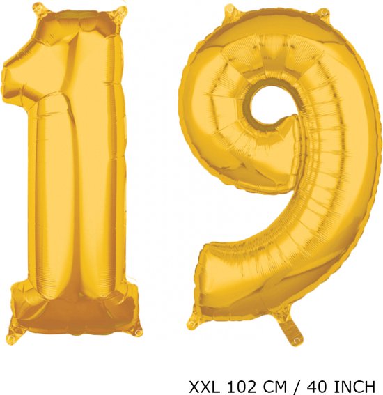 Mega grote XXL gouden folie ballon cijfer 19 jaar.  leeftijd verjaardag 19 jaar. 102 cm 40 inch. Met rietje om ballonnen mee op te blazen.