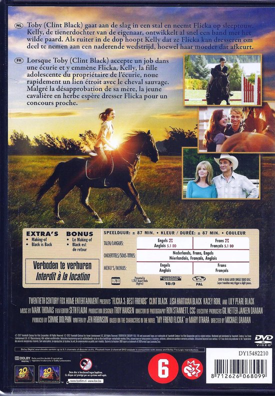 Achterkant van de Flicka 3 DVD, met ondertitels en afbeeldingen van paarden en mensen.