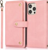 Book Case iPhone 12 avec cordon - Porte-cartes - Cuir PU - Luxe - Apple iPhone 12 - Rose