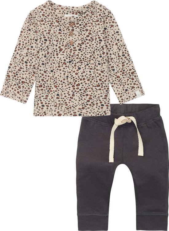 Noppies - Kledingset - 2 delig - Broek antraciet grijs - Shirt Taupe met panterprint - Maat 56