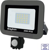 Braytron LED Buitenlamp - Schijnwerper - Breedstraler Floodlight - Met Bewegingssensor , Met Dag en Nacht Sensor 30W- Grijs -Waterdicht IP54- 3000K