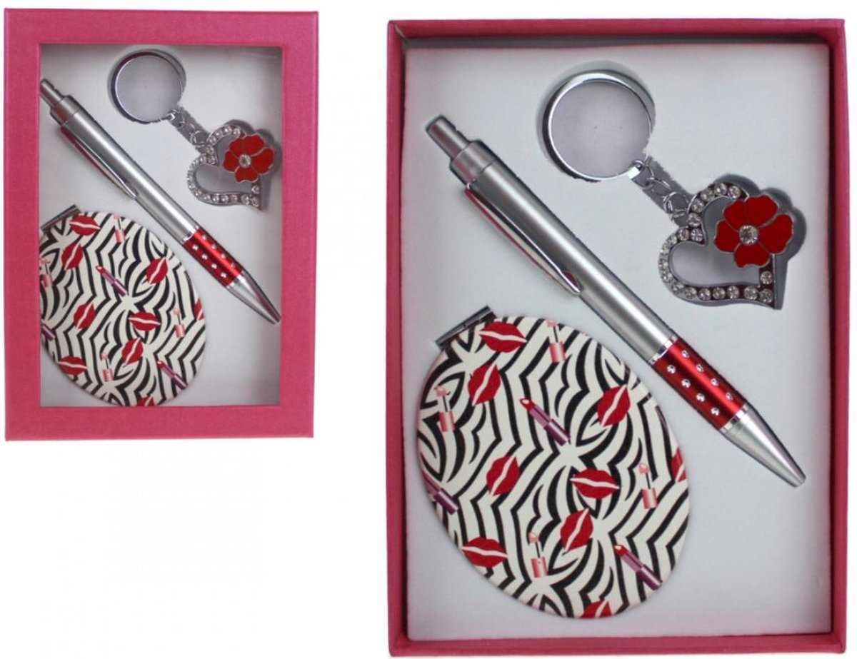 Geschenkset balpen - sleutelhanger - spiegeltje in cadeauverpakking 17x12 cm