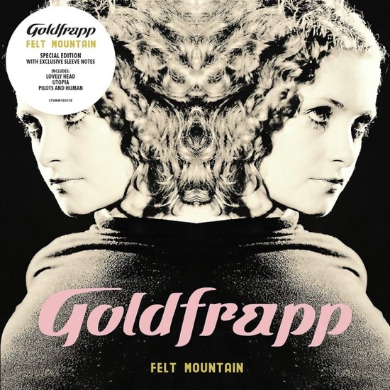 Albumhoes 'Felt Mountain' van Goldfrapp, met dubbel portret van een vrouw en tekst.
