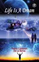 Boek 'Life Is A Dream' met een surrealistisch landschap van een huis op een zwevend eiland, een trap naar de hemel en een silhouet van een persoon die naar de sterrenhemel kijkt.