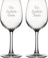 Gegraveerde witte wijnglas 36cl De Leukste Tante-De Leukste Oom