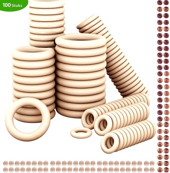 Houten ringen en houten kralen, set houten ringen om te knutselen